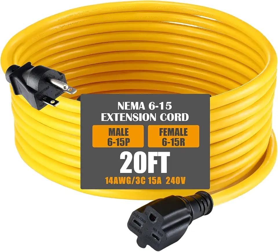 Tellegloww 20ft Nema 6-15 Extension Cord 6-15p Male to 6-15r Female, Yellow
