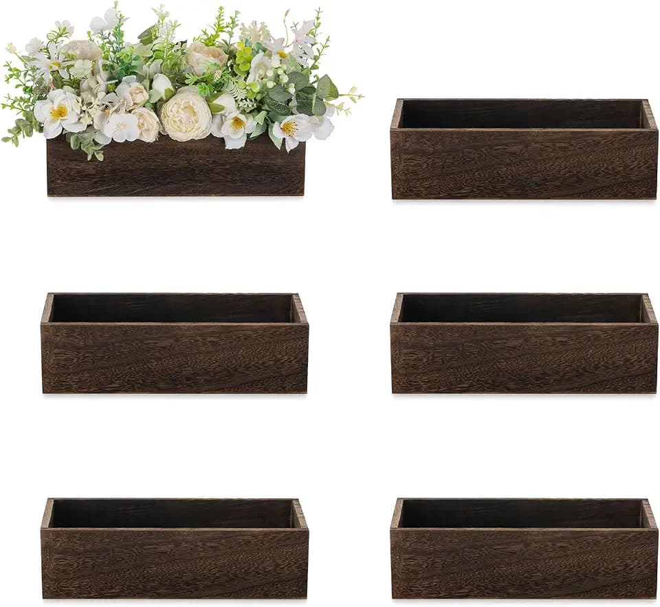 NUPTIO Wooden Flower Box Centerpieces, Rectangle, 11.8" Long, Brown, 6 Pcs