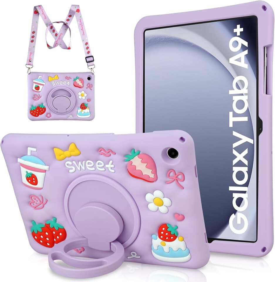 Coolden für Samsung Galaxy Tab A9 Plus Hülle 11 Zoll Süße 3D Erdbeer Joghurt Kuchen Silikon Samsung Tab A9+ Plus Hülle für Kinder Mädchen Stoßfeste Schutzhülle mit Drehbar Ständer Schultergurt, Lila