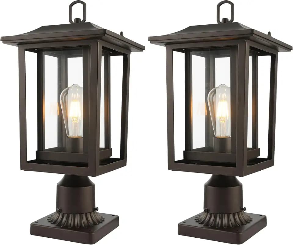 Beionxii Oil Rubbed Bronze Outdoor Post Lights 2 Pack, 19In Lamp Post Light Fixture for Outside with Pier Mount Base, Waterproof Aluminum Housing,ORB Column Mount Light(Hardwired 120V),BXA197-P-2P-ORB