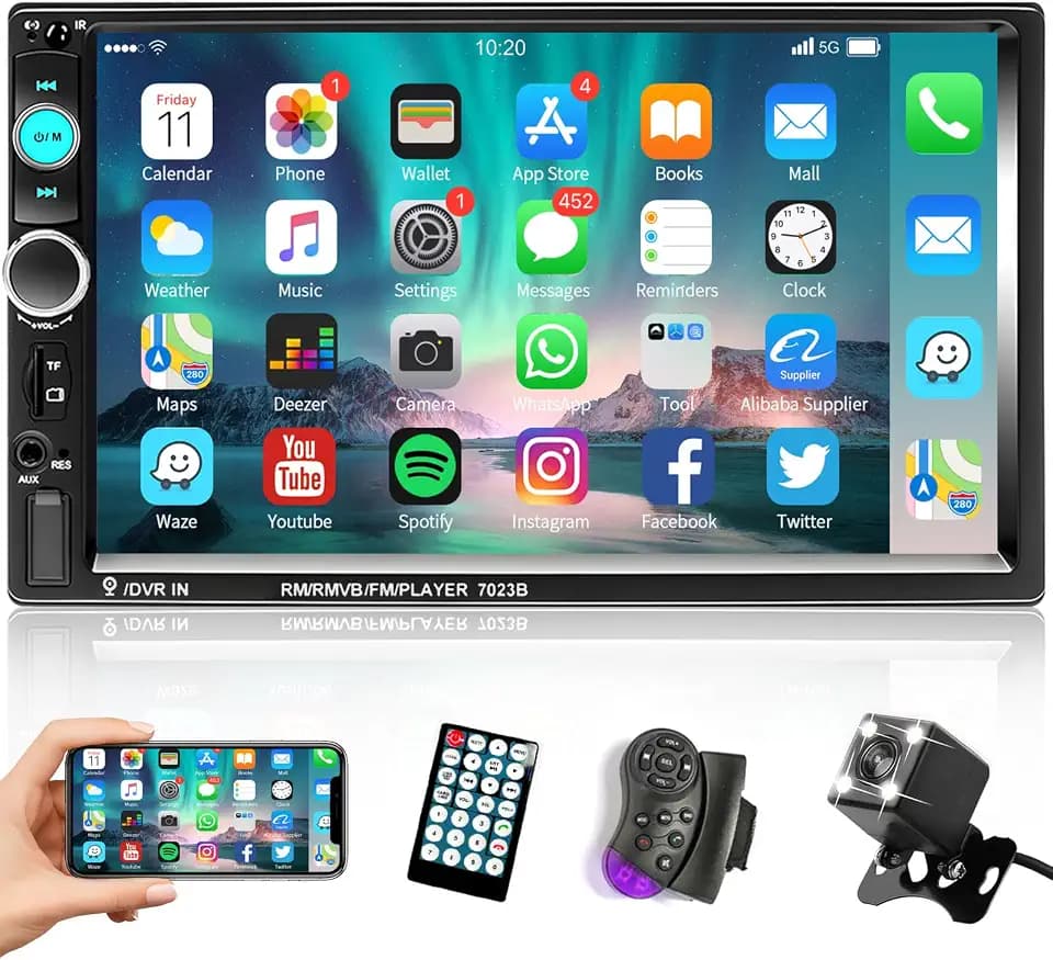 Podofo 2 DIN Autoradio Bluetooth Freisprechanruf 7 Zoll Touchscreen Spiegellink Doppel DIN Auto Radio USB/SD/TF/AUX FM mit Rückfahrkamera Lenkradsteuerung Fernbedienung