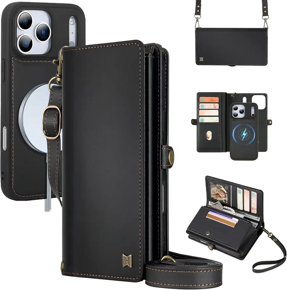 for Wallet Case Compatible with iPhone 17/18 Pro Max,Multi-Function Detachable Magnetic iPhone 17/18 Pro Max Wallet,Flip Strap Zipper Card Holder Phone Case with Shoulder Straps (Black)