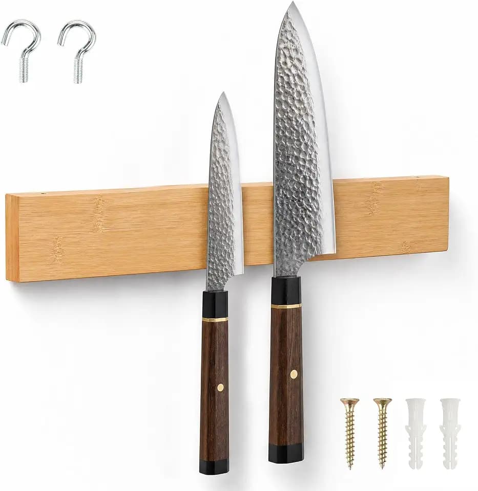 VINATO Magnetleiste Messer Bambus 40cm, Messerhalter Magnetisch mit 2 Haken, für Wand Ohne Bohren, Extra Stark Magnet Messerhalter Ohne Messer, für Küchen Utensilien Werkzeuge Aufbewahrung