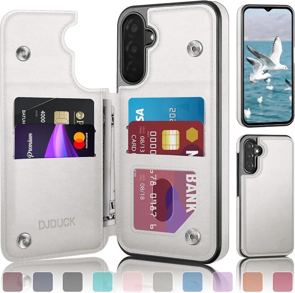 DJDUCK Designed for Samsung Galaxy A17 5G Case Wallet with Card Holder, [Magnetic Clasp Cover] [RFID Blocking Leather Protection] Shockproof Women Men Cases for Samsung A17 White