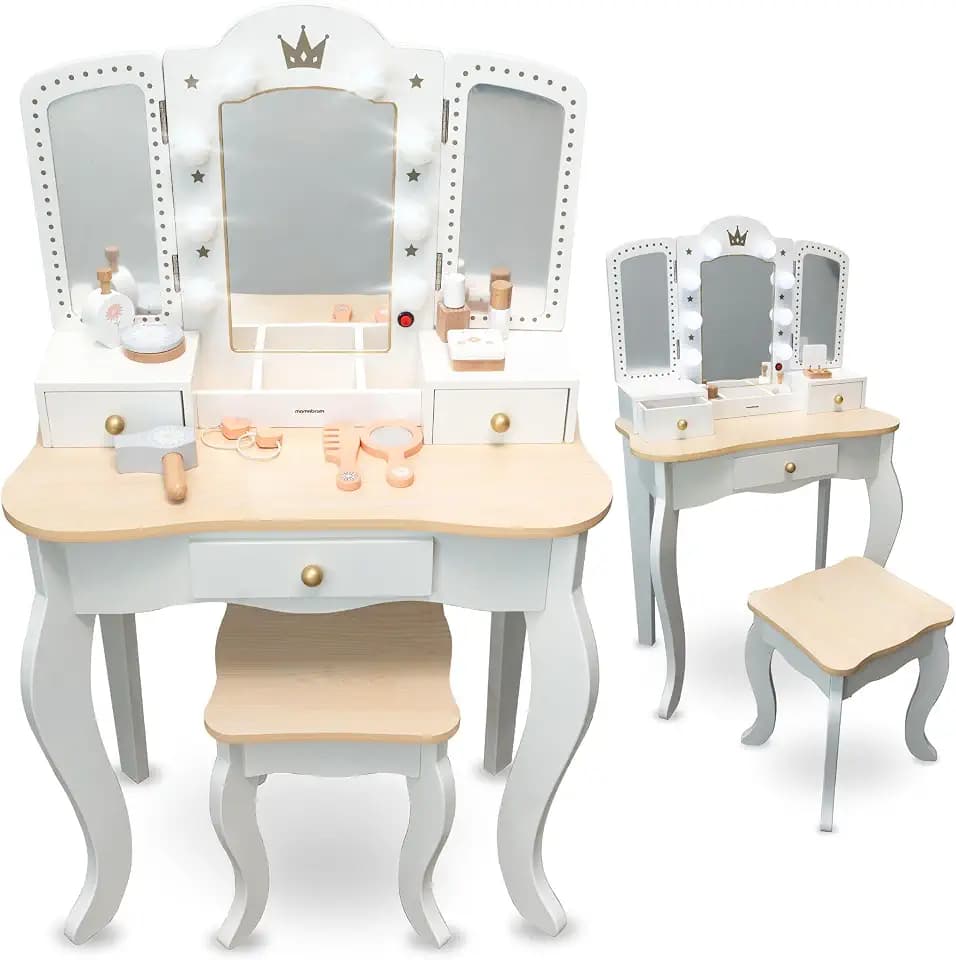 mamabrum XXL Kinder Schminktisch aus Holz mit Hocker & LED-Spiegel – Frisiertisch ab 3 Jahren mit Schublade & Beauty Zubehör – Kreatives Spielset & Schreibtisch für Mädchen