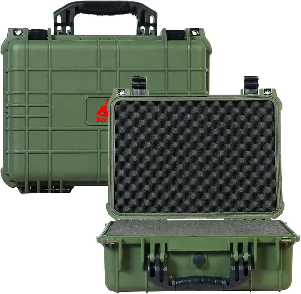 Jack Boss Waterproof Hard Camera Case with Foam,16x12.8x6.8 Inch,Green