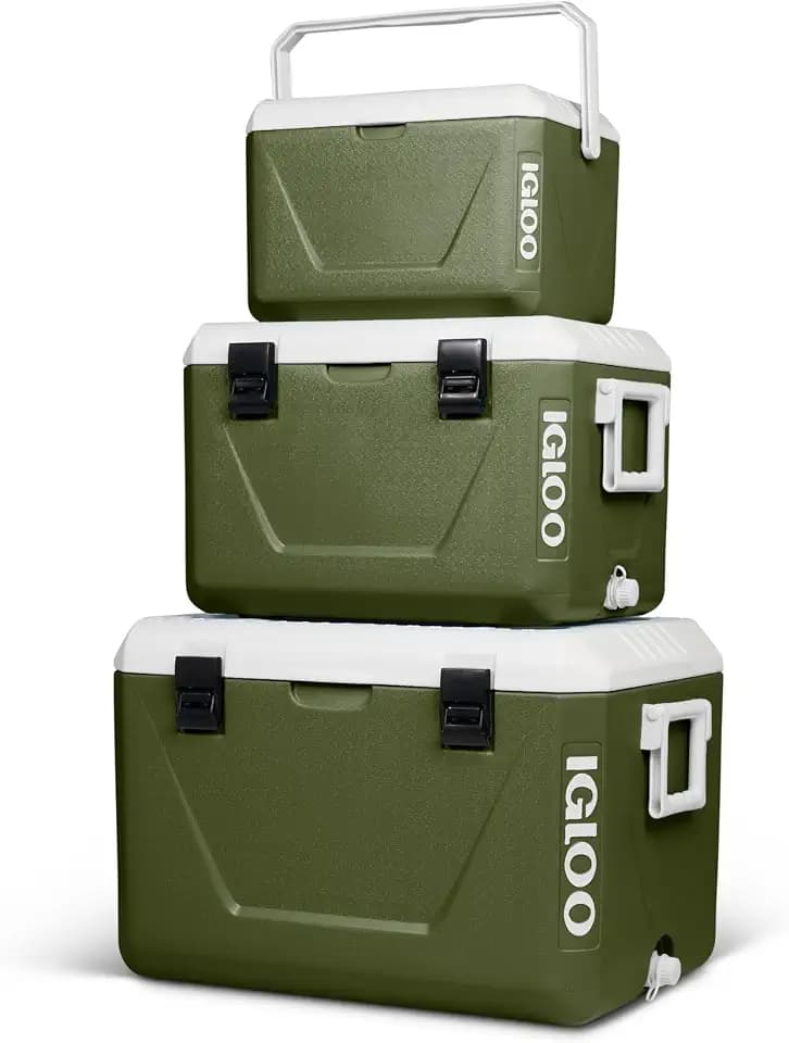 IGLOO Stapelbare Passiv‑Kühlboxen Set 55 L + 27 L + 11 L – Platzsparende Camping‑Kühlboxen, robust & leicht, ideal für Picknick, Strand, Outdoor & Freizeit – Ineinander verstaubar, Grün