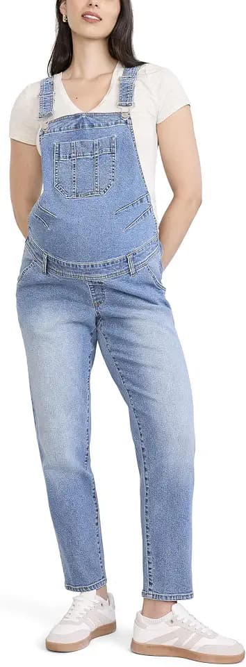 Motherhood Maternity Women's Relaxed Fit Straight Leg Denim Pregnancy Overalls With Adjustable Straps and Pockets