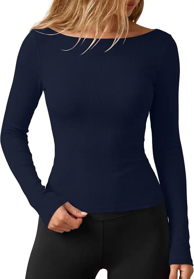 Darong Womens Boat Neck Basic Tshirt Long Sleeve Slim Fit Going Out Top