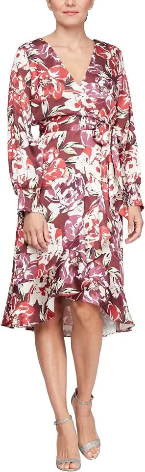 S.L. Fashions Women's Printed Midi Surplice Dress with Ruffle Hem Detail and Tie Waist, Wedding Guest, Spring/Summer Dress