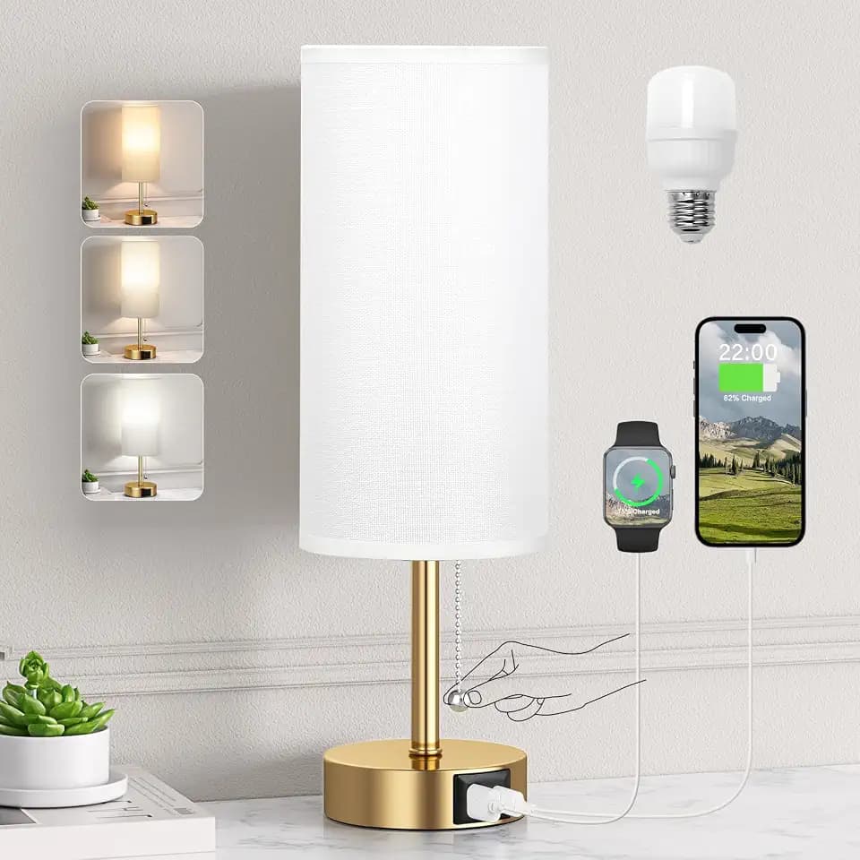 Gold Bedside Lamp for Bedroom Nightstand - Small Table Lamp with USB Ports