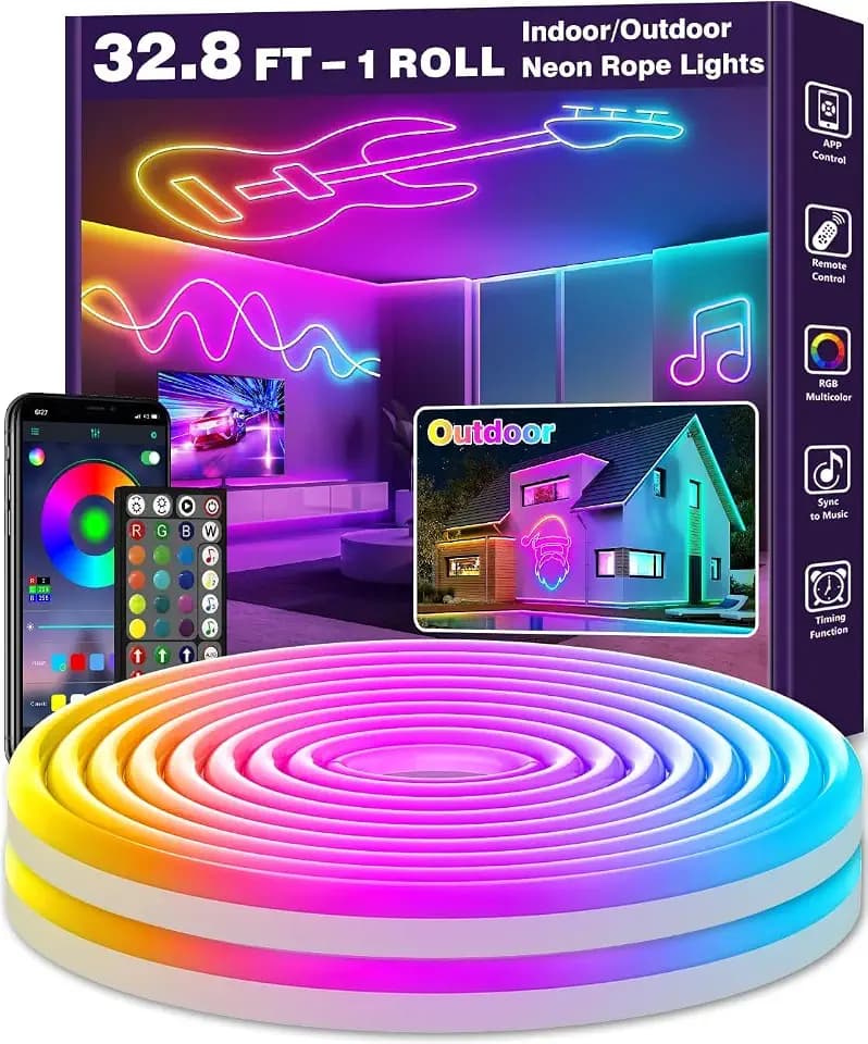 AILBTON 32.8FT Neon Rope Lights, RGB LED Strip Lights, Waterproof IP67 LED Lights for Bedroom, DIY Design, Music Sync, Remote Control, Multiple Modes for Bedroom