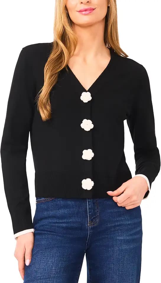CeCe Crochet Floral Button Front Cardigan