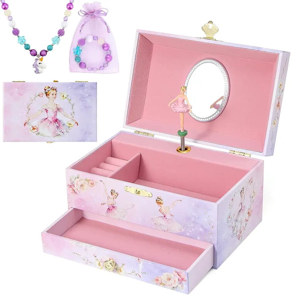 Musik Schmuck Box mit Schublade Halskette Armband, Musikalischer Schmuck Aufbewahrungskoffer mit Spinning Ballerina Geschenk Set für Kinder Mädchen Kinder Tochter (Lila-Ballet)