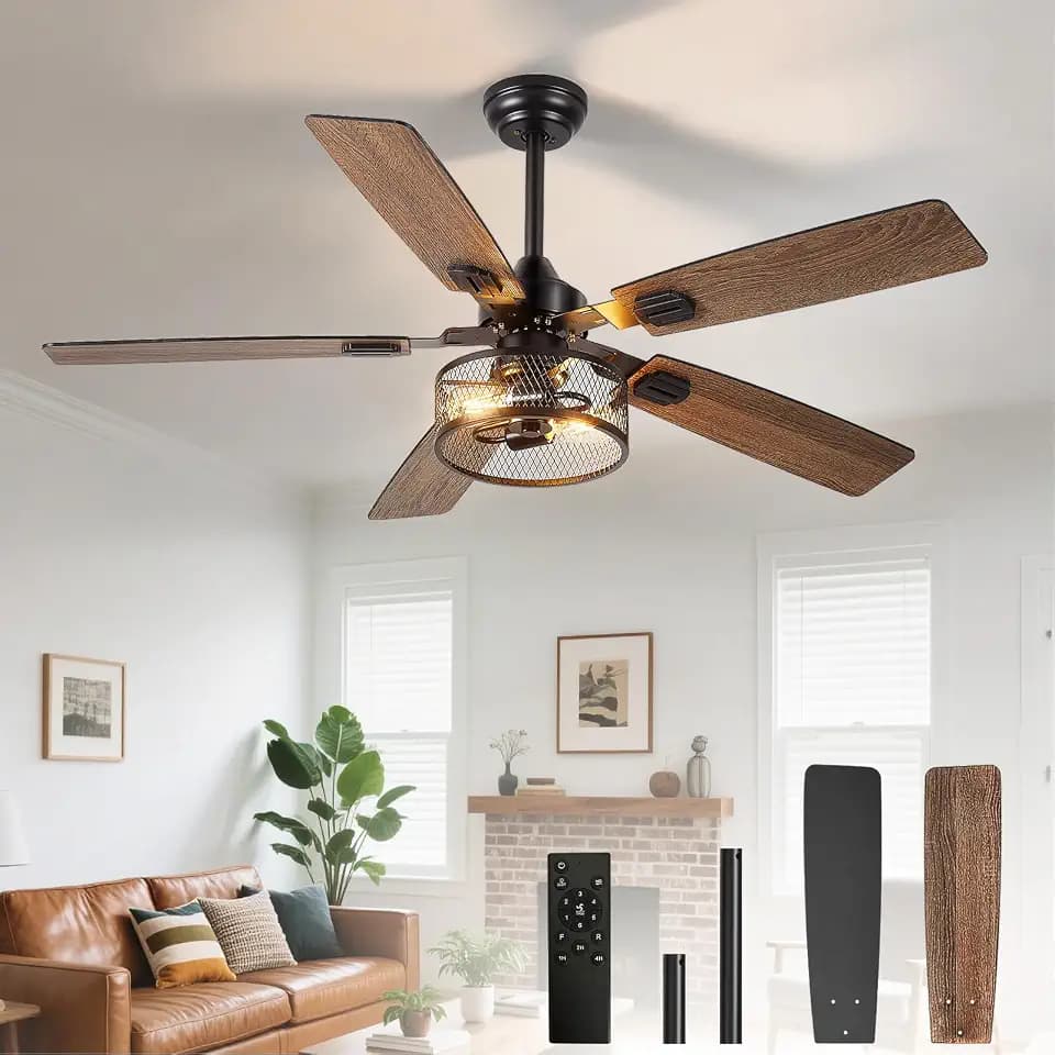 Depuley 52-Inch Ceiling Fans with Lights: Caged Ceiling Fans Dual Finish 5 Blades - Farmhouse Ceiling Fan with Remote Control for Rustic Living Room Outdoor Patio Reversible (Black Walnut)