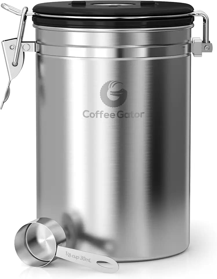 Coffee Gator-Edelstahl-Kaffeedose – Hält gemahlener Kaffee und Bohnen länger frisch – Behälter mit Datumsverfolgung, CO2-Freigabeventil und Messlöffel - Groß - Edelstahl