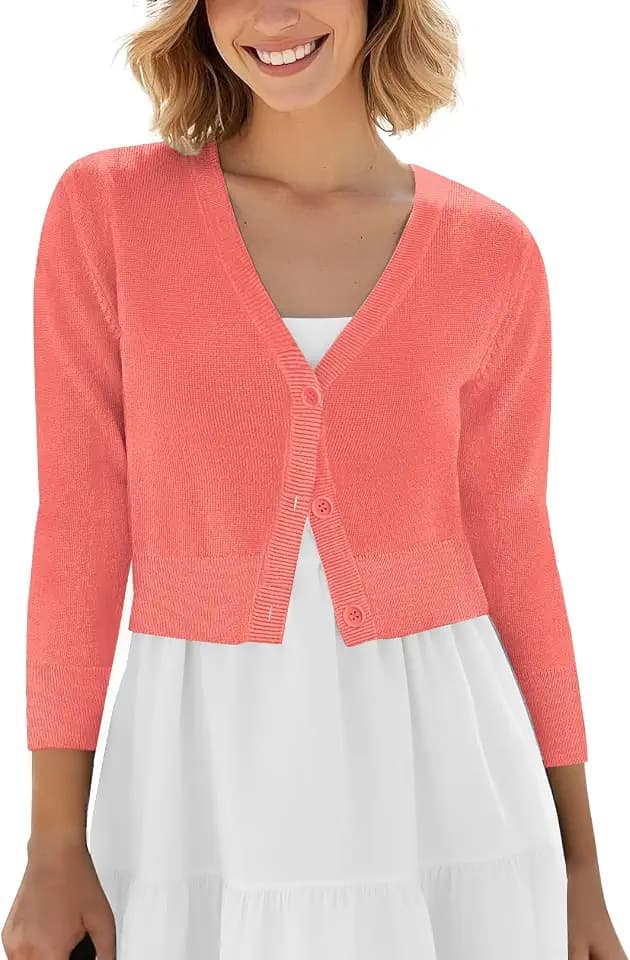 Urban CoCo Women's Cropped Cardigan V-Neck Button Down Knitted Sweater 3/4 Sleeve