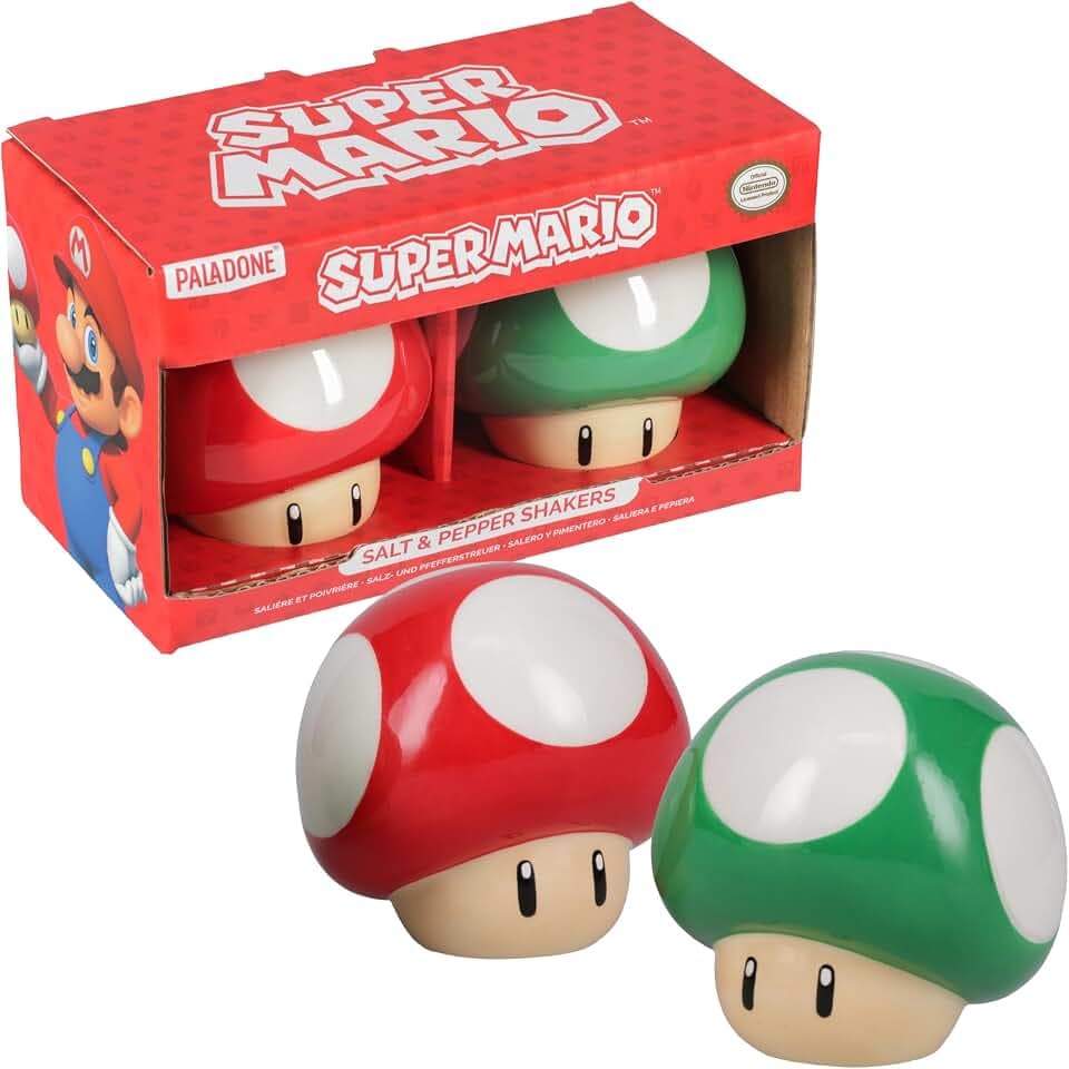Super Mario Brothers Pilz- und Pfefferstreuer, offizielles Lizenzprodukt, Nintendo rot und grün, 1-Up-Keramik-Set für Küche und Heimdekoration, Einweihungsgeschenk für Film- und Gaming-Fans Paladone