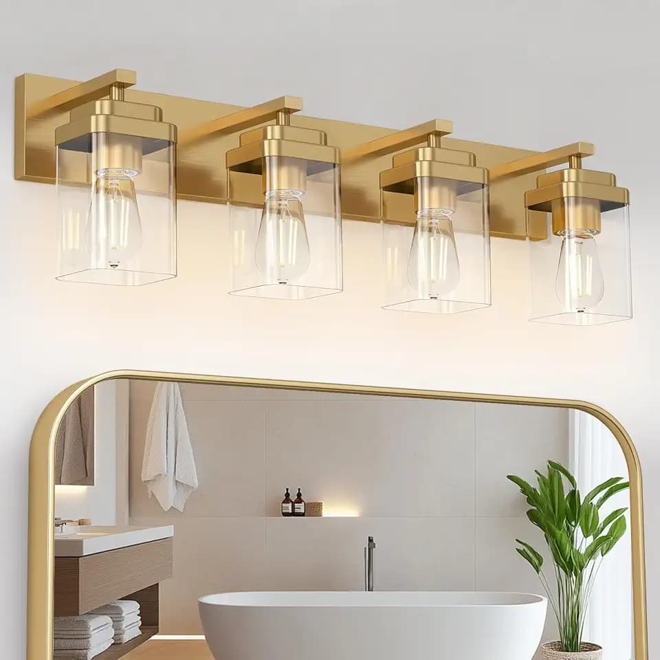 Brushed Gold Bathroom Light Fixtures, 4 Lights Bathroom Lighting Fixtures Over Mirror, Square Design & Rectangle Large Backplate, Modern Vanity Lighting Fixtures, for Living Room/Bedroom