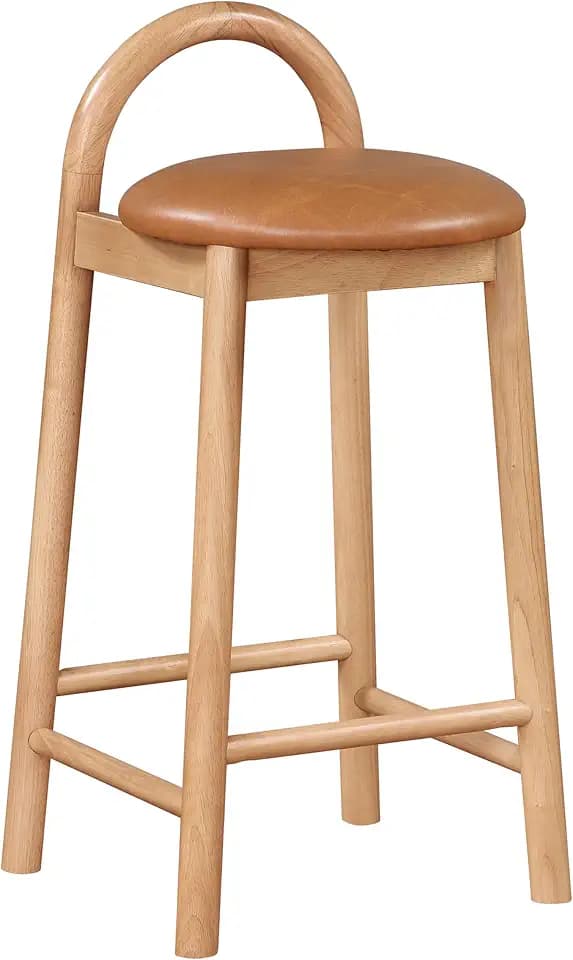 Meridian Furniture 475Cognac-C Calvin Collection Mid-Century Modern Stool with Soft Cognac Vegan Leather, Natural Finish Solid Wood Frame, 16.18" W x 14.75" D x 32" H, Cognac