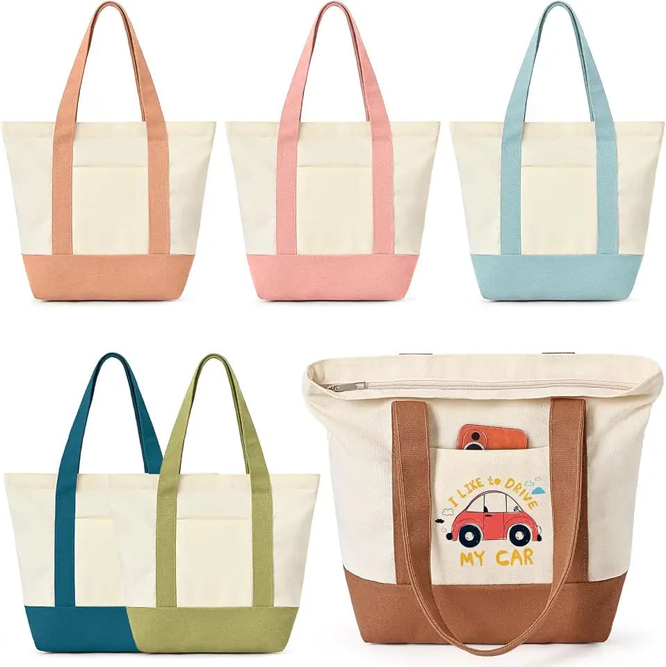Mini Canvas Tote Bag with Pockets, 12oz Small Tote Bag with Zipper