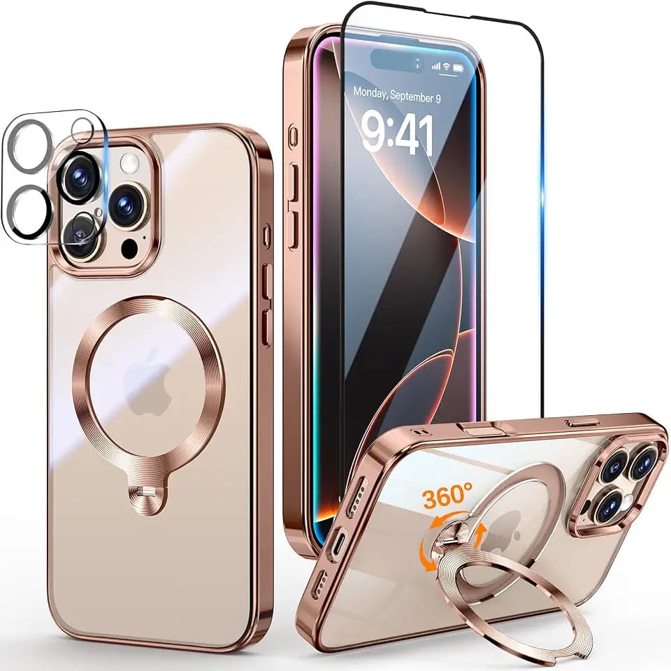 [Tri-Shield Protection] for iPhone 16 Pro Case with 360° Spin Stand Compatible with MagSafe [Magnetic CD Ring] [Screen & Camera Lens Protector] Shockproof Plating Never-Yellowing, Desert Gold-6.3"