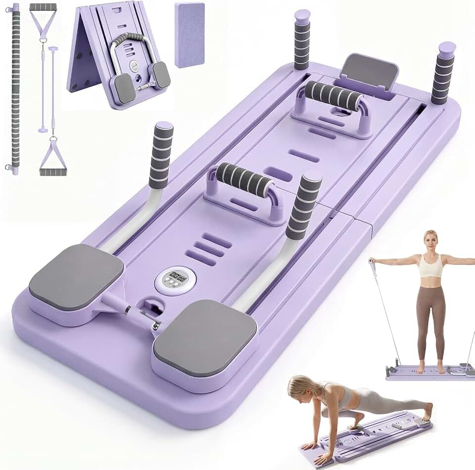Pilates Board für Zuhause, 8-in-1 Pilates Reformer mit Widerstandsbändern und Pilates Stange, Multifunktionales Fitnessgerät für Ganzkörpertraining, Krafttraining und Home Workout