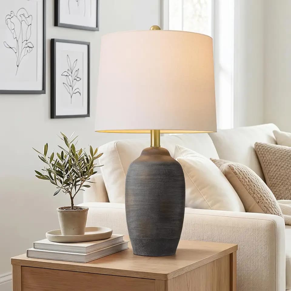 24.5" Ceramic Black Lamp for Living Room with Pre-Attached Shade