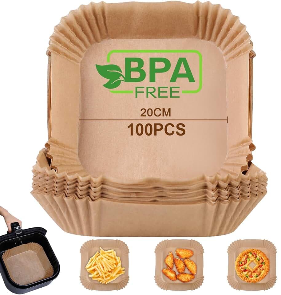 AiQInu Backpapier für Heißluftfritteuse, 100 Stück 20cm BPA-frei Airfryer Backpapier Eckig Wasserdicht Ölfest Pergamentpapier Liner Airfryer Zubehör, für Heißluftfritteuse Ofen Mikrowelle