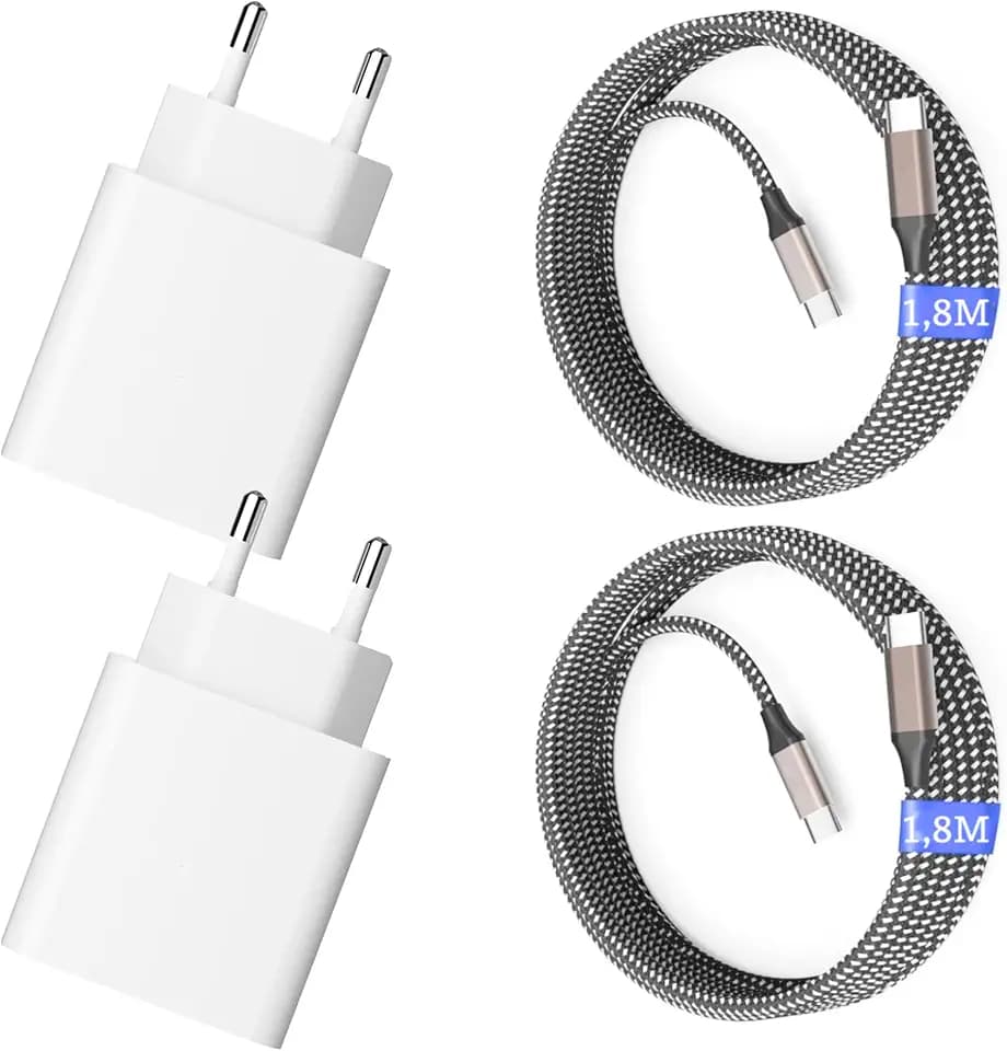 USB C Ladegerät 25W, USB C Ladekabel, 2er Pack Schnellladegerät mit 1,8M Ladekabel, Super Fast Charger für Samsung Galaxy S25 S24 S23 S22 S21 Ultra/Note/tab (Weiß, Câble Nylon - 1,8M)