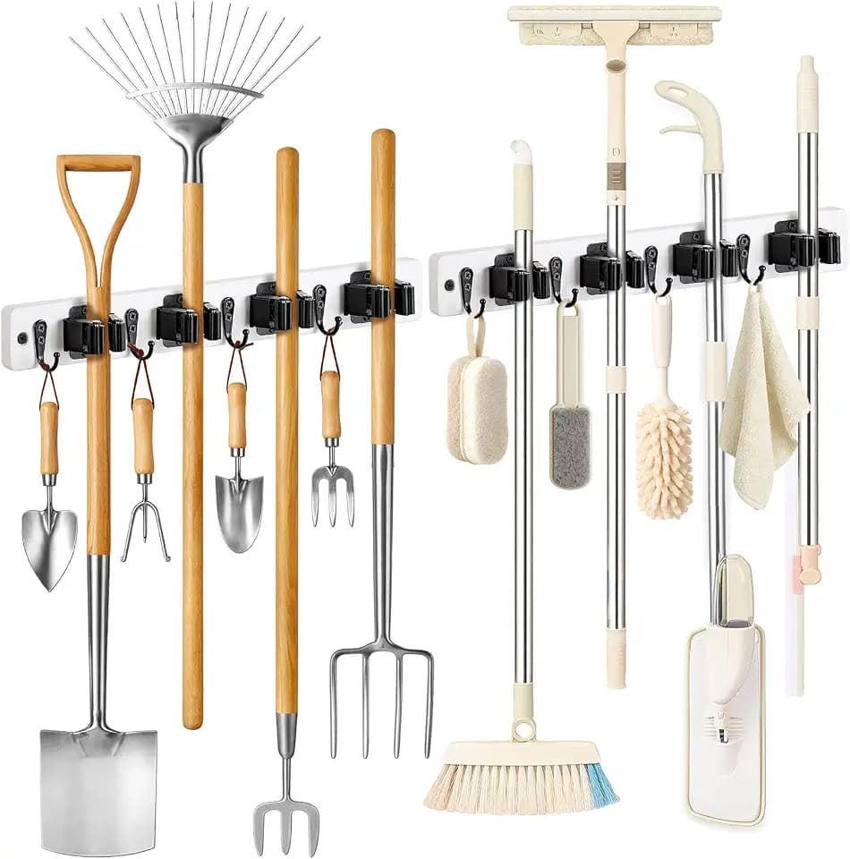 Lorbro 2 Pack Broom Holder Wall Mount, Wooden Rack with 4 Slot & 4 Hook