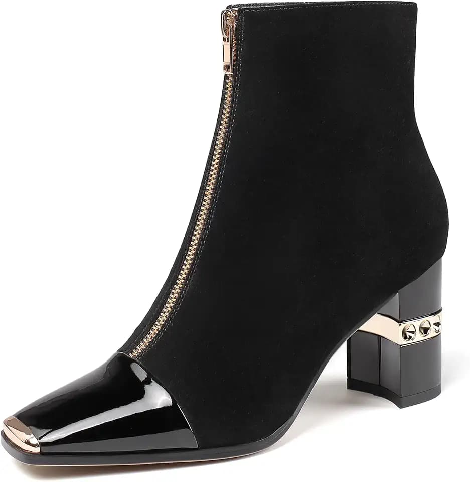 XINIUNIU Women's Ankle Boots Block Chunky Heels Booties Metal Square Toe Suede Front Zipper 3 Inch Short Boot Dress