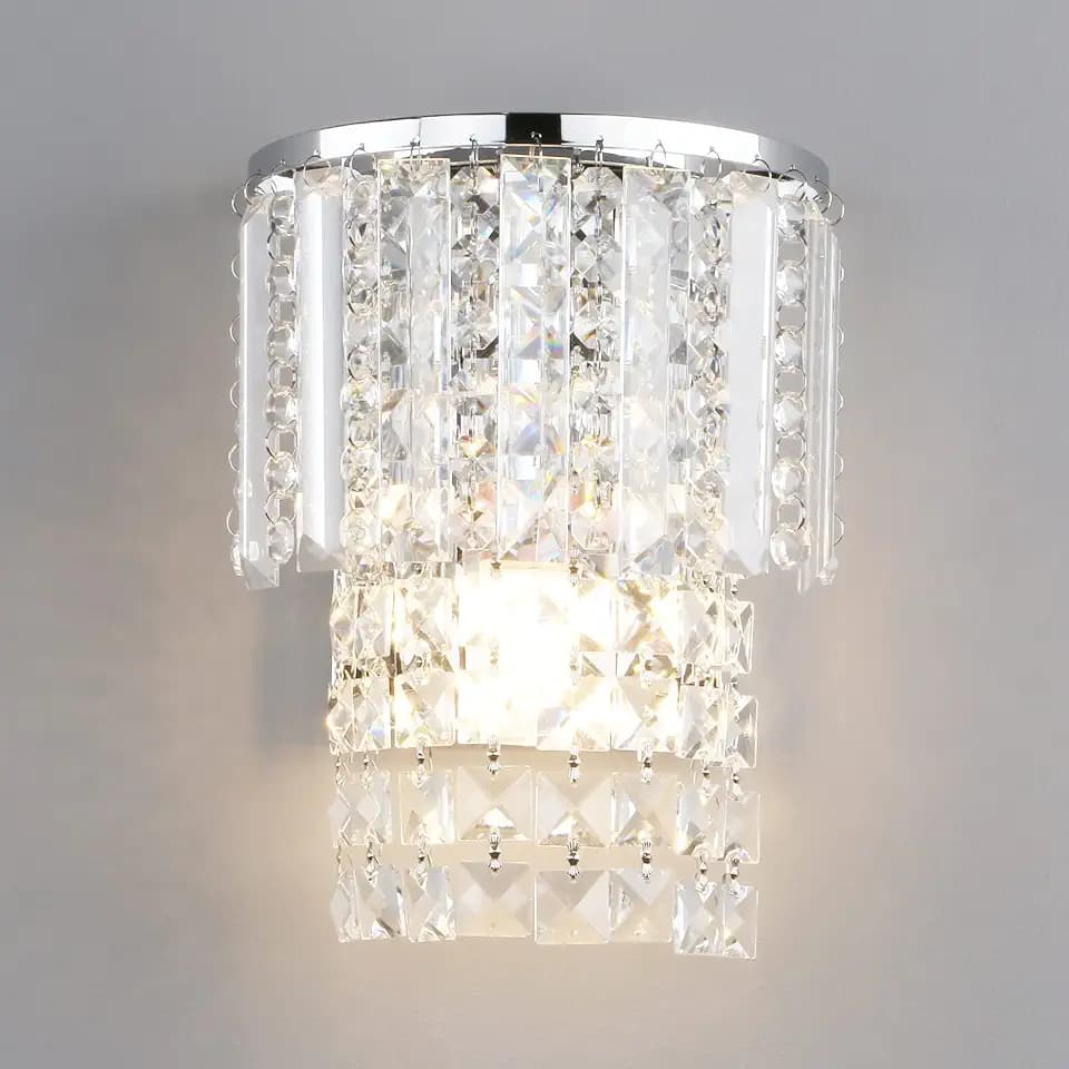 Pathson Modern K9 Crystal Wall Sconce Hardwired, Chrome Finish Wall Light Fixture, Acrylic Crystal Drops Wall Lamp for Bedroom Living Room