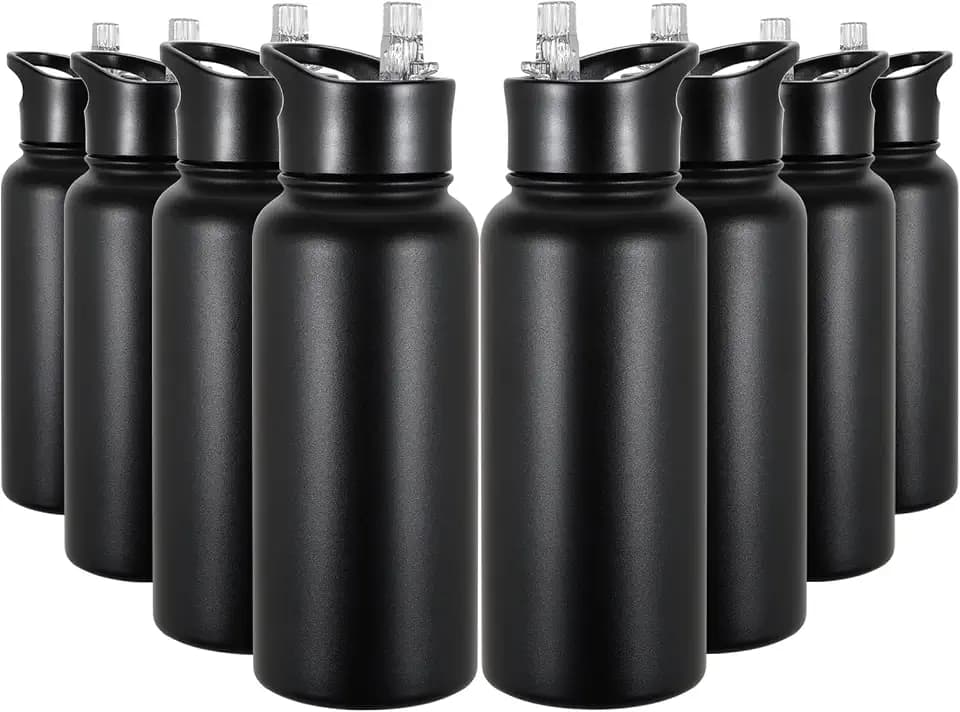 32 oz Insulated Water Bottle Bulk 8 Pack, Stainless Steel Sports Water Bottles with Straw Lid & Wide Mouth Lids, Double Walled Vacuum, Leak Proof, Black