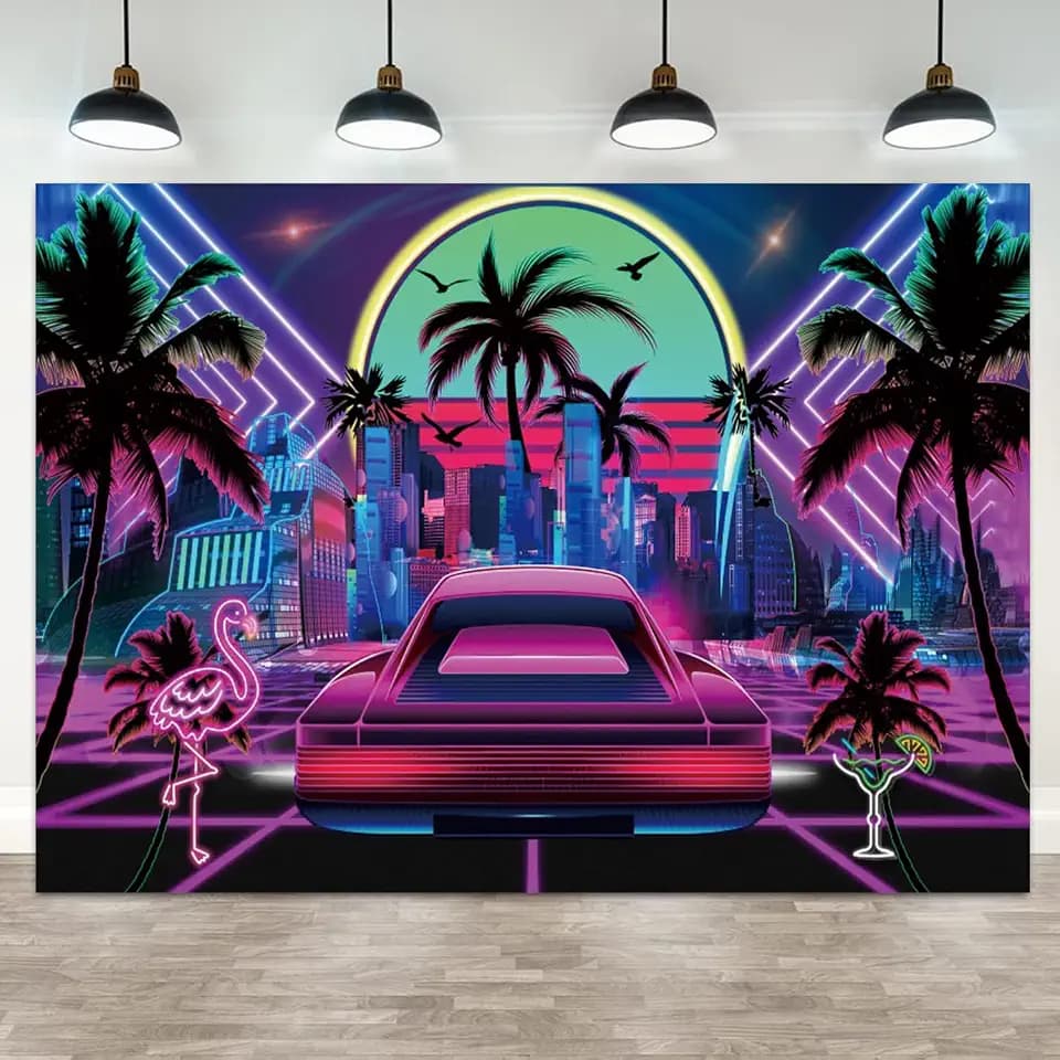 7x5ft Neon Glow Backdrop Retro 70s 80s 90s Y2K Photography Background Tropical Urban Street Scene Colorful Punk Cityscape Car Flamingo Palm Tree Banner Decorations Portrait Photo Booth Prop