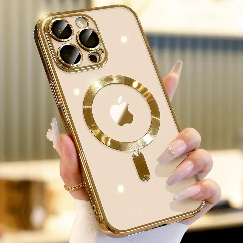 for iPhone 15 Pro Max Case with Integrated Camera Lens Protection, [Seamless Work with Magsafe] [Metallic Glossy Soft Bumper], Diamond Clear Stylish Case for iPhone 15 ProMax, Gold Titanium