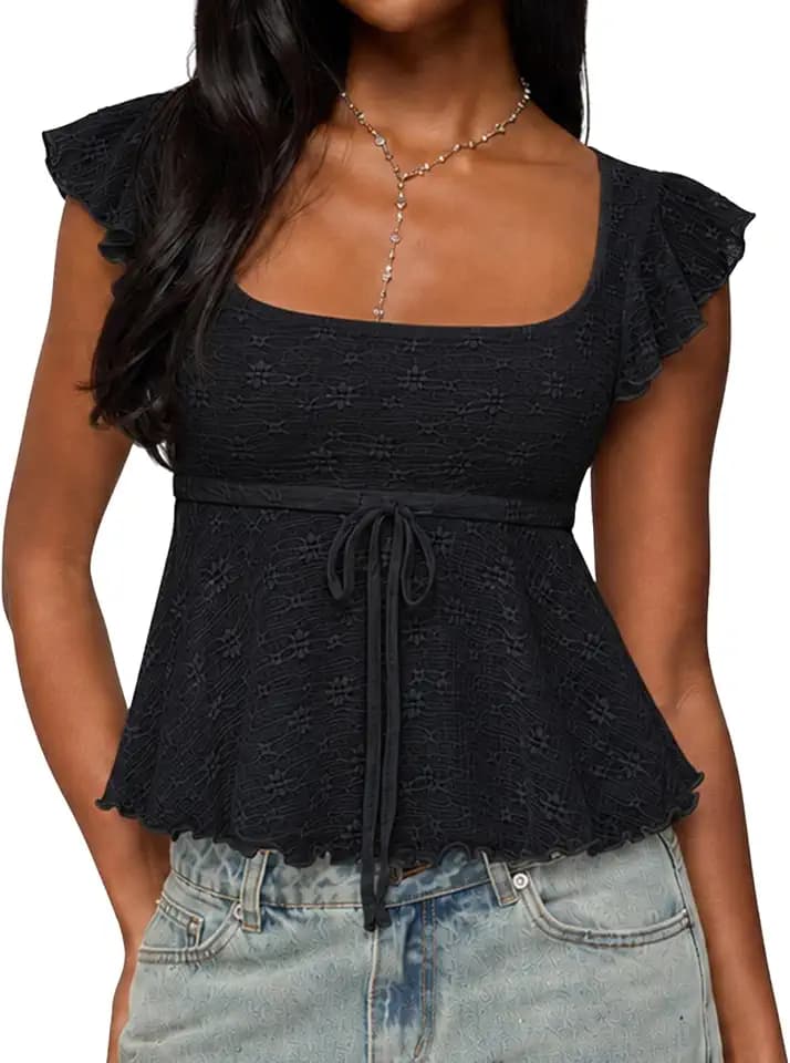 Women's Lace Babydoll Top Cute Cap Sleeve Flowy Tank Top