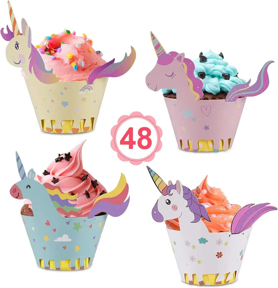 Vabaso Einhorn Cupcake Wrappers Papier 48 Stücke süße Unicorn Muffins Dessert Dekoration Verpackung für Kinder Geburtstag Party, Hochzeit Kuchen Deko