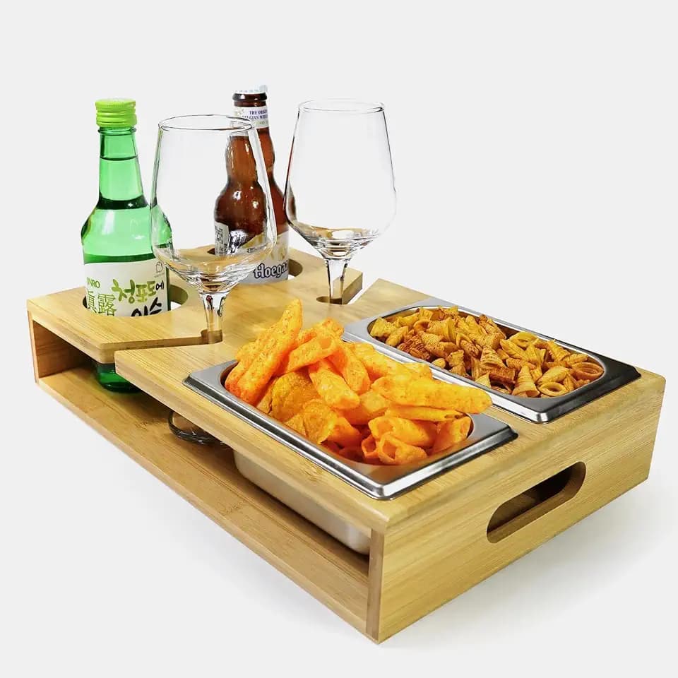 Couchbar Snackbox - Sofatablett Mit 2 Edelstahlschalen - Sofa Tablett - Couch tablett Geschenk für Männer - Snackspender für Sofa Bett & Garten