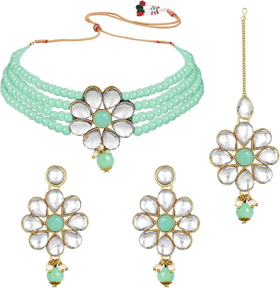 Aheli Faux Kundan Pearl Floral Choker Necklace Earring Maang Tikka Indian Traditional Bollywood Jewelry Set Gift for Women
