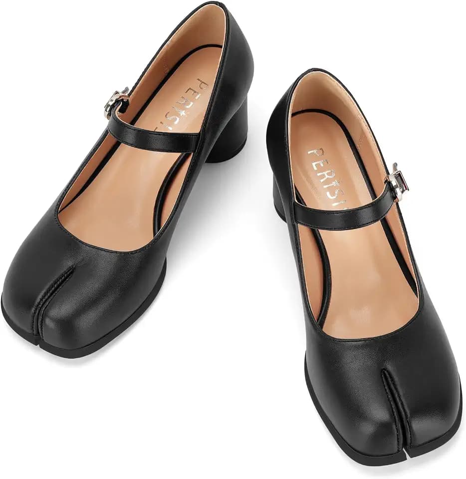 Women's Tabi Heels Split Toe Shoes Chunky Mary Jane Pumps
