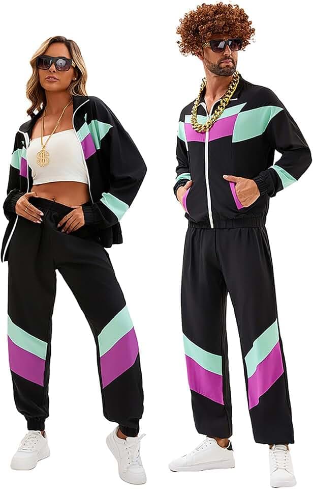 80er Jahre Kostüm Damen Trainingsanzug Disco, 80er 90er Retro Anzug Jacke Hose Anzug Style Jogginganzug für Karneval Faschingskostüm