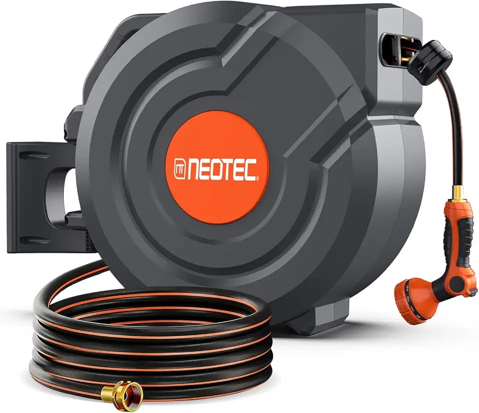90FT Retractable Garden Hose Reel 5/8 Inch, Automatic Slow Return & Any Length Lock, Wall Mounted Heavy Duty Hose Reels for Outside with 9 Spray Nozzle, 180° Swivel UV Resistant