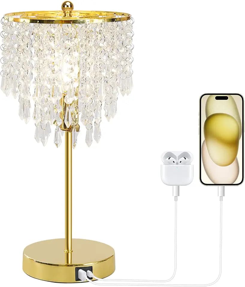 Crystal Table Lamp with USB C+A Ports, 3-Way Dimmable Touch Lamp, Gold Lamp