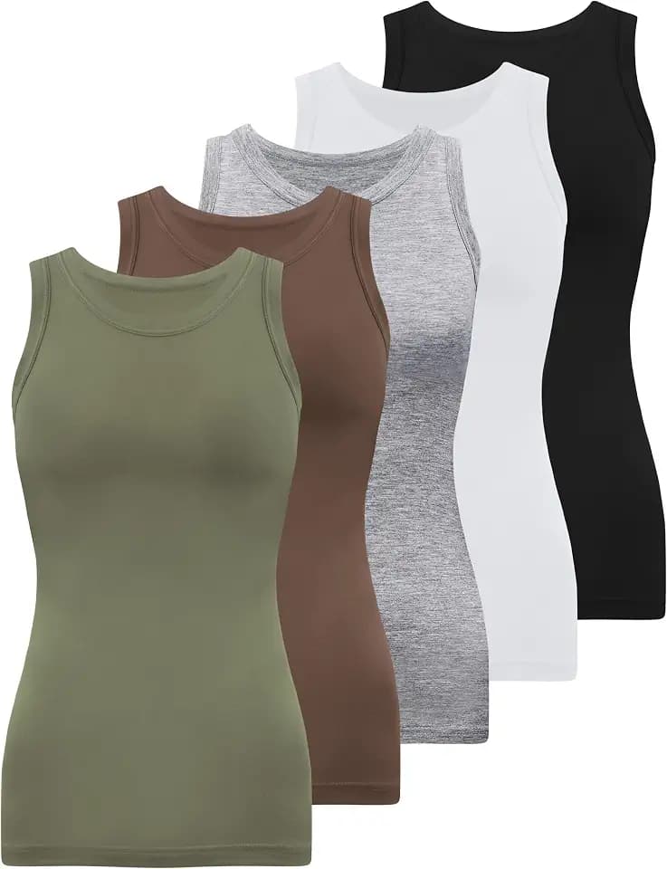 BQTQ 5 Pack Womens Crewneck Tank Tops High Neck Sleeveless Tops Slim Fit