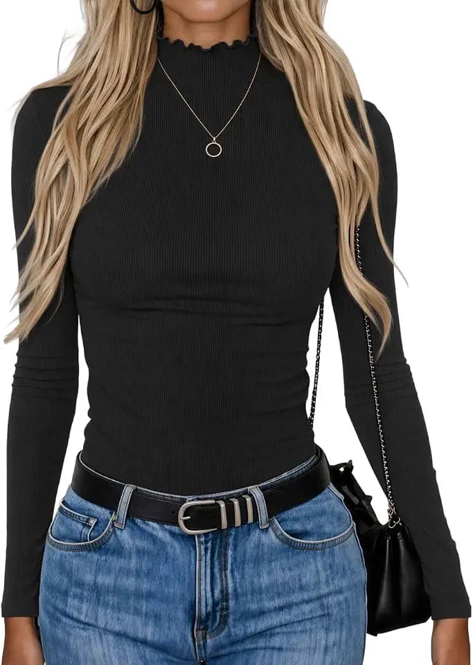 Zeagoo Long Sleeve Shirt for Women Mock Neck Ribbed Slim Fit Fall Top