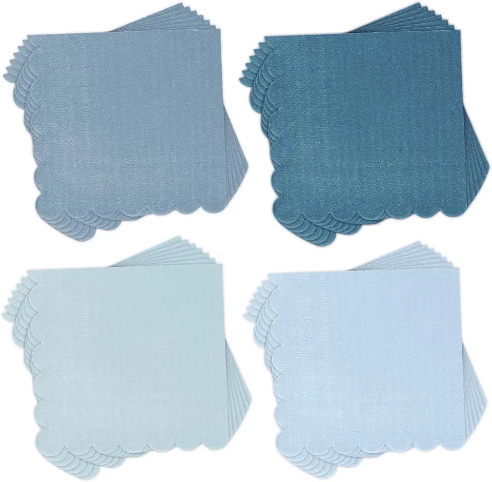 Whaline 200 Pcs Dusty Blue Scalloped Cocktail Napkins Gradient Color Paper Napkin 4 Colors Thick Disposable Dessert Beverage Napkin for Wedding Birthday Baby Shower Party Supplies
