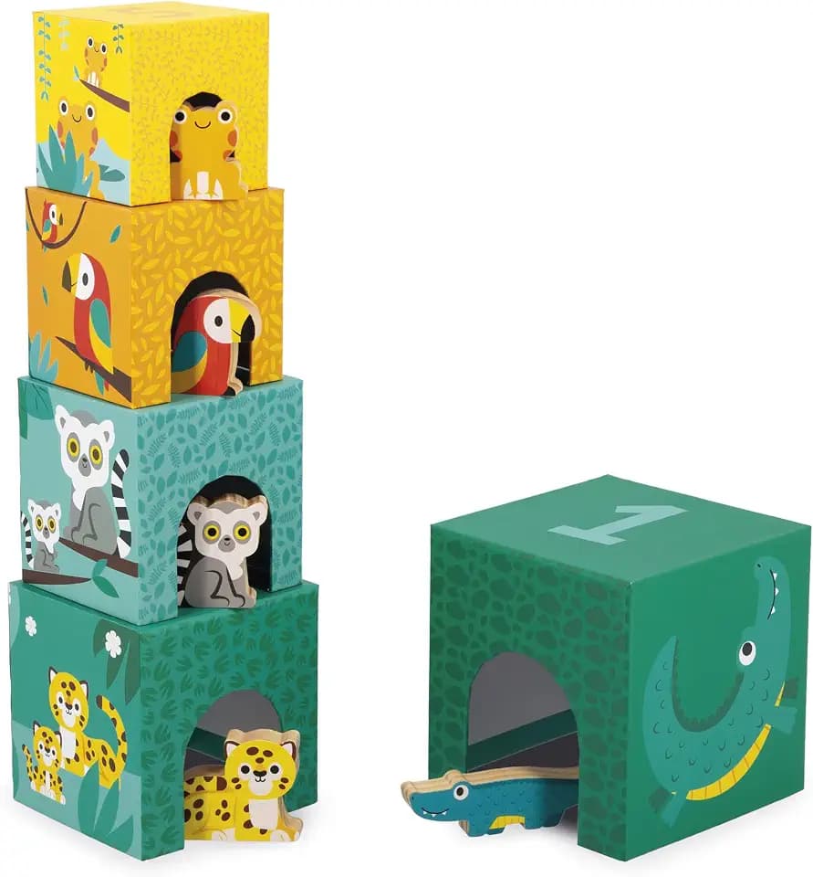 Janod – Meine erste Pyramide – Thema Tropische Tiere – Frühförderungs-Spielzeug – 5 Stapelwürfel + 5 Holztiere – Fördert Geschicklichkeit und Fantasie – Ab 12 Monaten