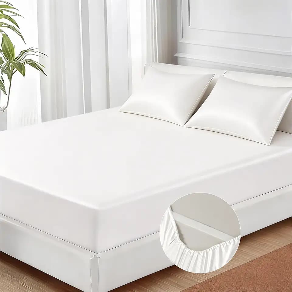 MR&HM Satin Fitted Sheet Full Size with Elastic Corner Straps, Ivory