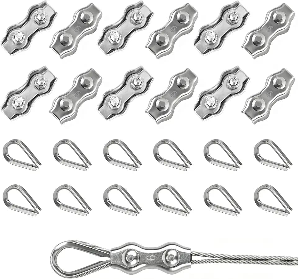Rybtd Drahtseilklemmen 24 Stück duplex klemme 6mm Und kauschen 6mm，304 Edelstahl Drahtseile Clip M6 Seilklemme für 5mm Stahlseil Seil Takelage